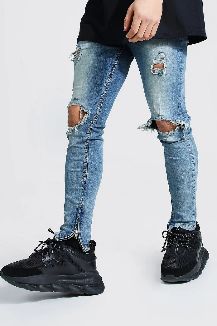 Skinny Stretch Exploded Knee Ripped Jeans | boohooMAN USA